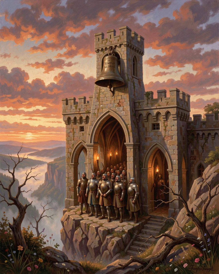 An army sings within the halls of a fortress perched on a rocky cliff as the castle bell tolls the hour.