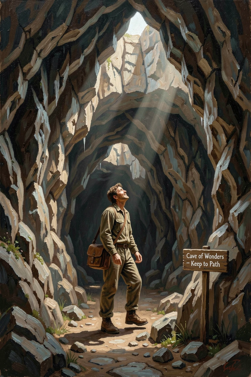 A traveler exploring an ancient cave system lit by shafts of natural light, as the vastness of the destination dwarfs the traveler in scale, capturing the excitement, freedom, and wonder of travel