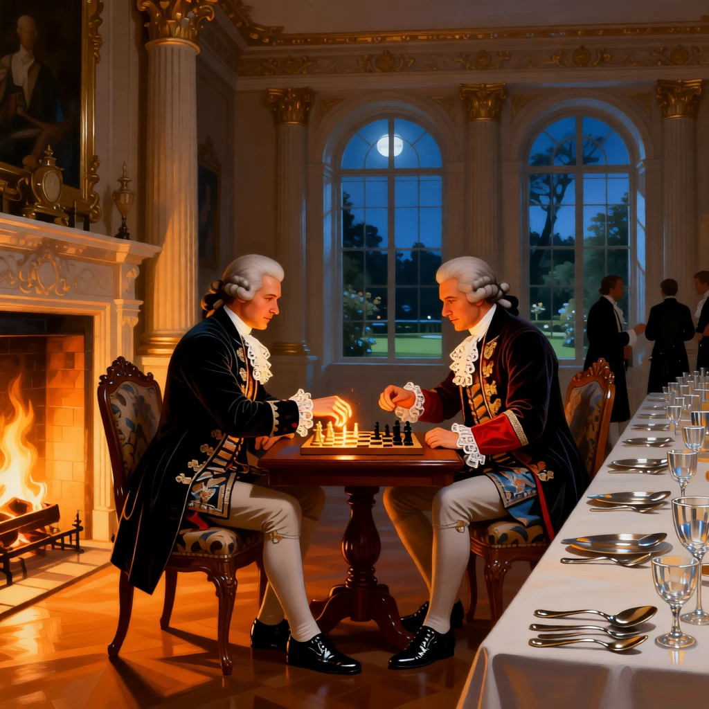 Noblemen playing chess beside a roaring fireplace amid the elegant bustle of a formal evening, set in an opulent dining hall set with silver and crystal, with tall windows revealing a moonlit garden beyond; rich architectural framing lends grandeur without crowding the figures, radiating celebration, elegance, and social grace.