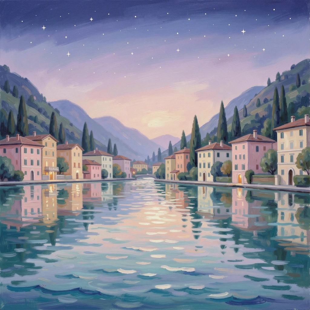 The turquoise waters of Lake Como framed by pastel villas and cypress-covered hills, under a canopy of stars.