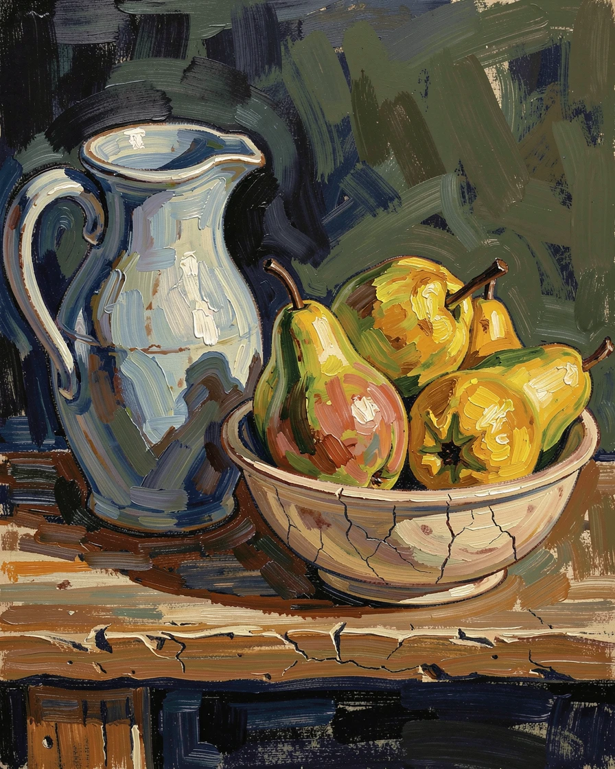 A bowl of pears and quince arranged beside a ceramic pitcher on a rustic shelf.