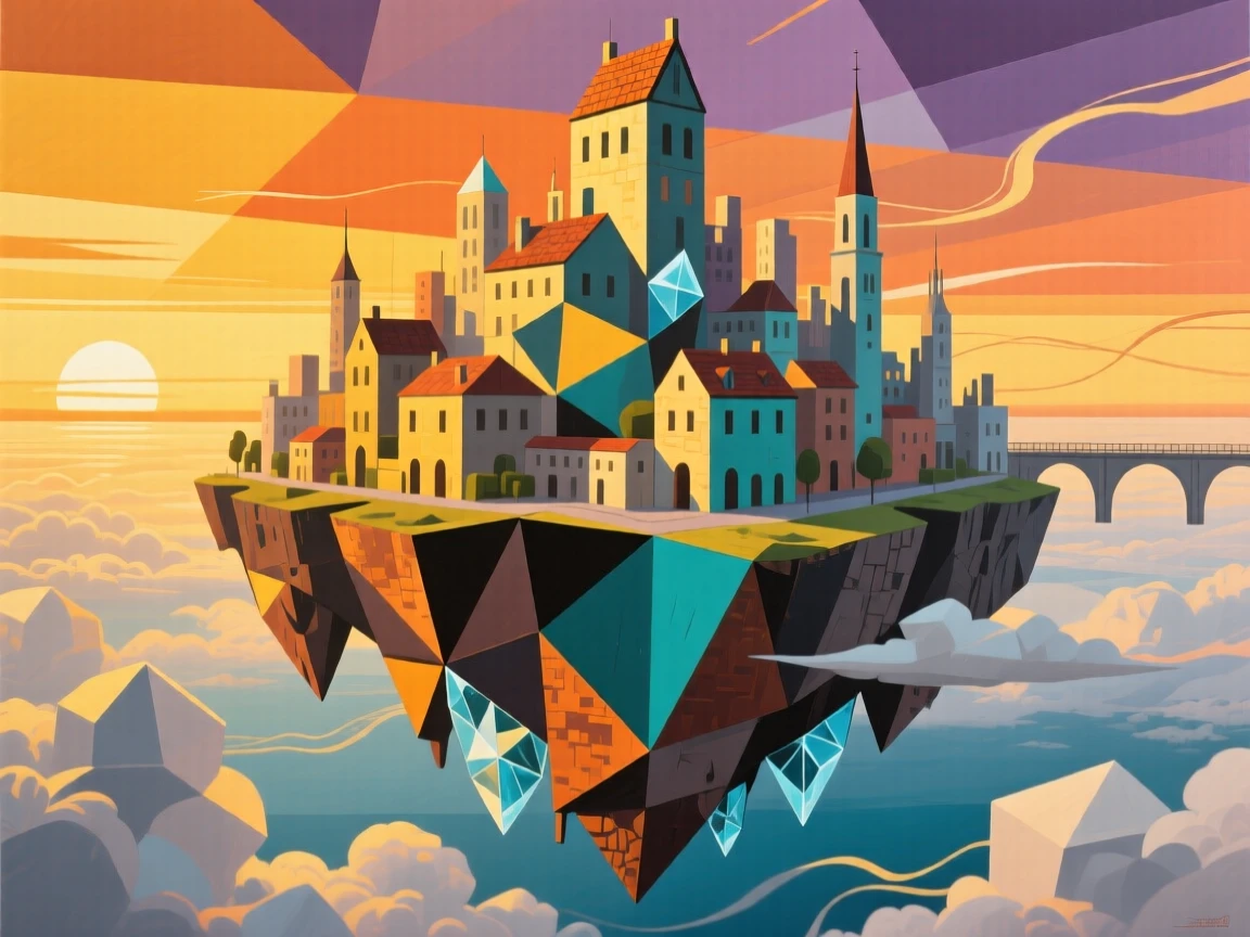A floating island city suspended above the clouds at golden hour.