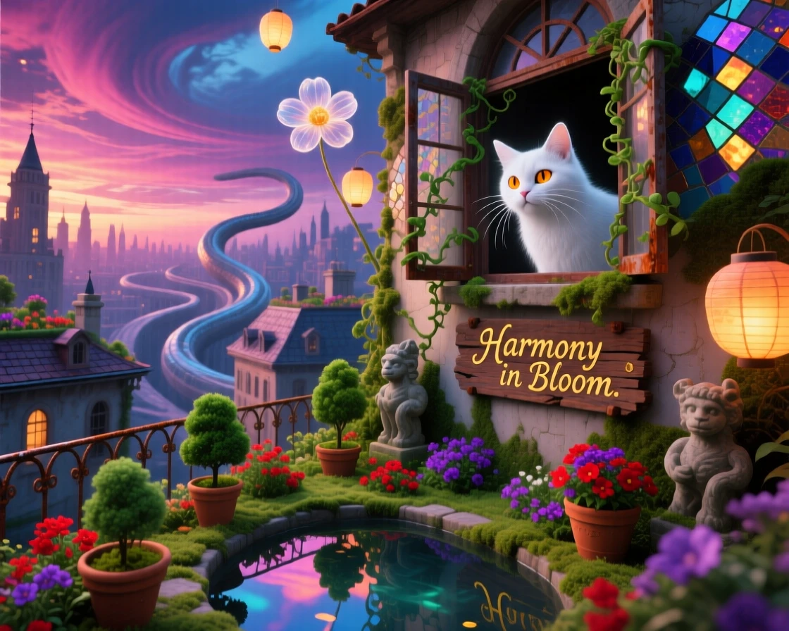 A city where every rooftop is a small, tended garden feels warm, familiar, and just slightly impossible, while a cat watches curiously from an open window.