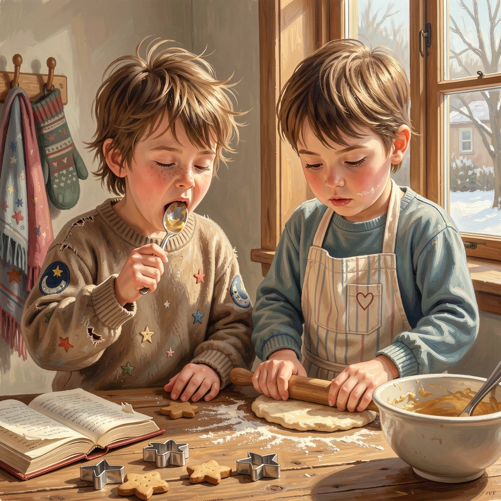 A cozy scene shows siblings baking cookies together, one carefully licking batter from a spoon while the other rolls dough, small personal details in their clothing and surroundings hinting at their story.