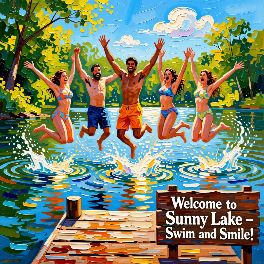 A group of friends jumping into a lake together on a hot summer afternoon