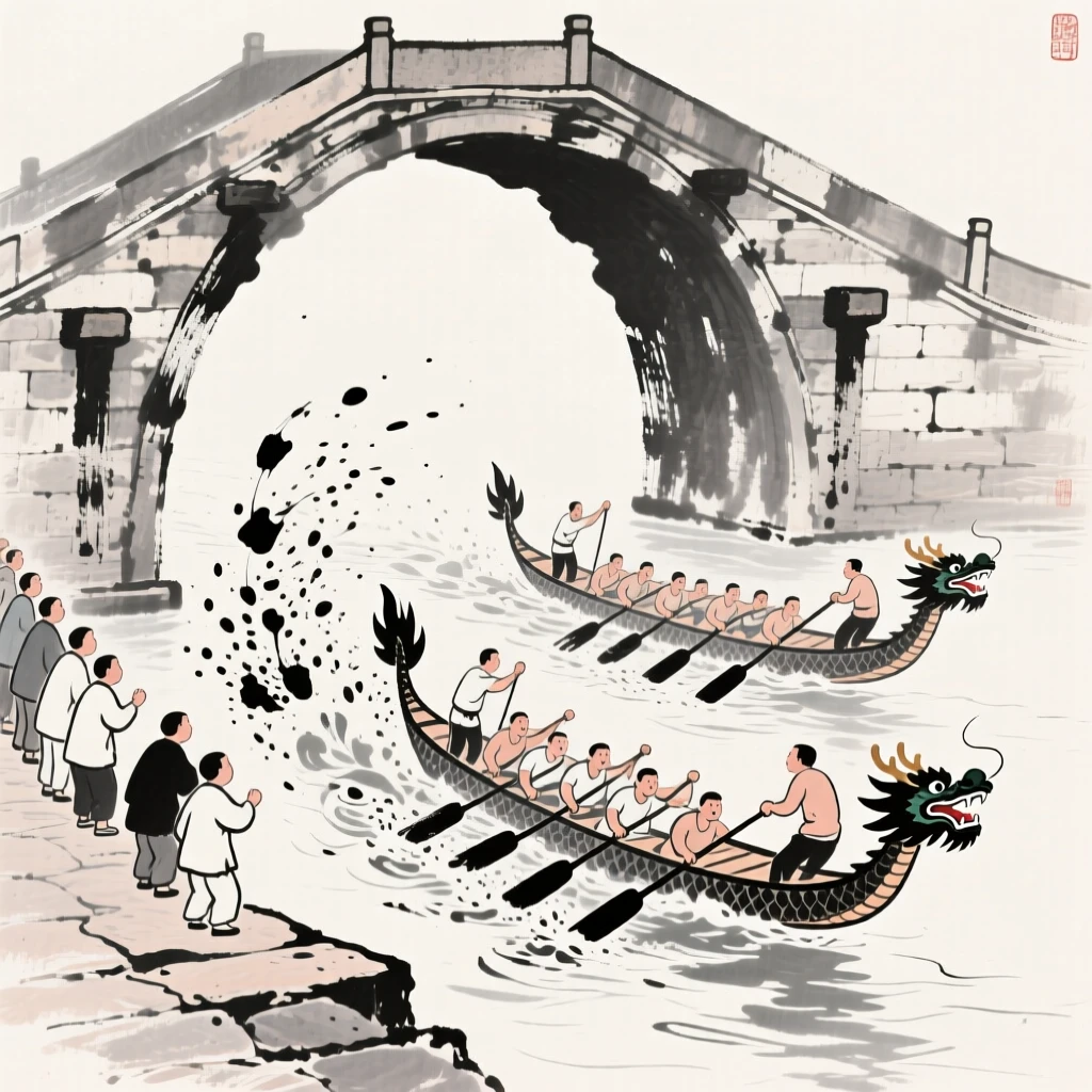 Spectators line a stone embankment to watch dragon boats race beneath a bridge, as spray leaps from the oars with every stroke.