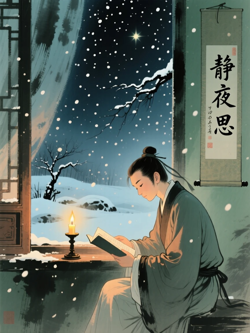 A young scholar reading by candlelight beside a window in a snowstorm, in the mild days of early winter, under a sky full of stars, radiating gentle serenity.