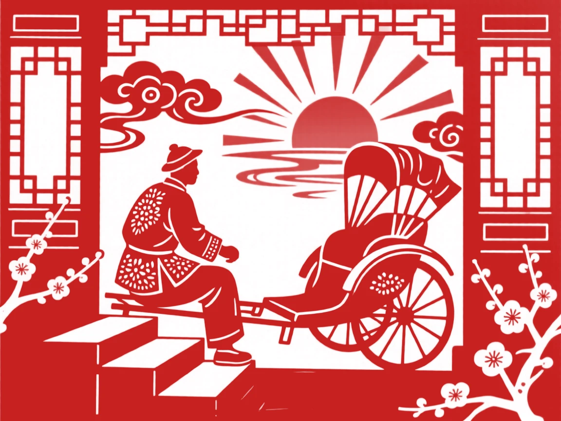 A rickshaw puller, watching the sunset from a porch step, in radiating warmth and everyday tenderness.