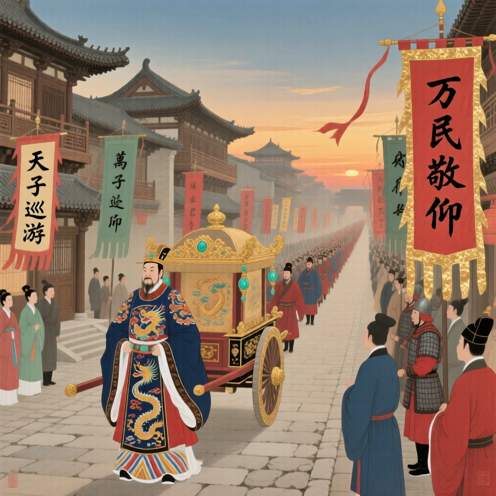 An emperor's procession winding through a city lined with banners, as the last light of day fades over the horizon