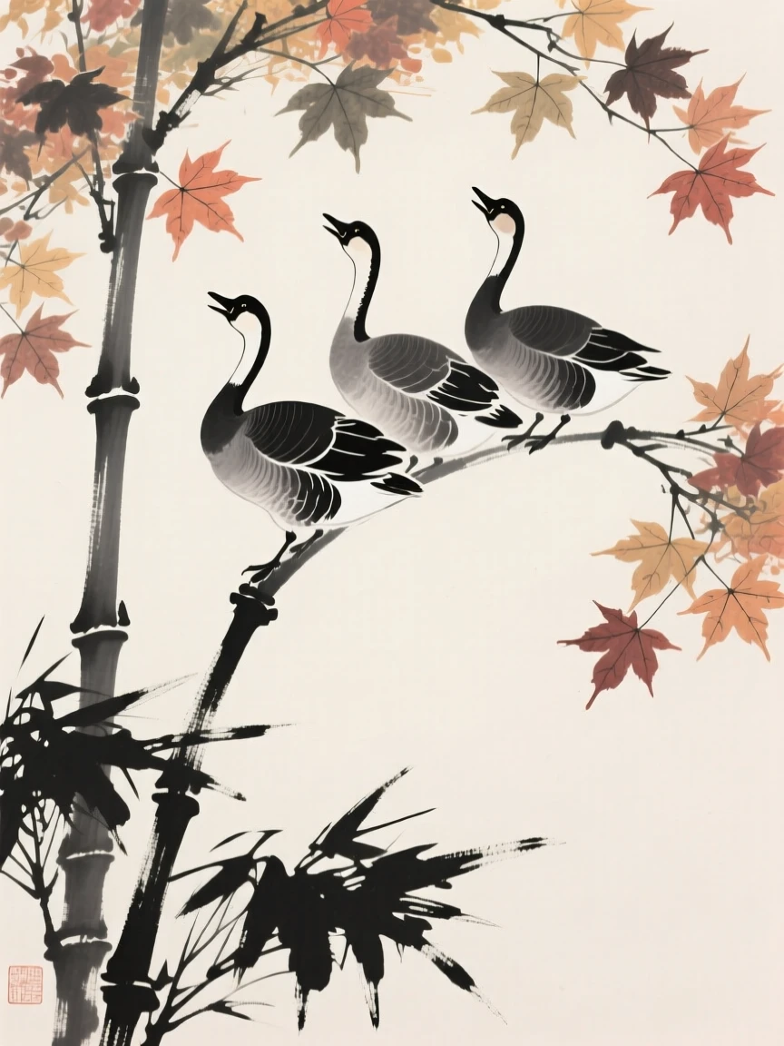 A formation of geese calling out from atop a tall bamboo stalk beneath a canopy of autumn maple leaves, silhouetted softly against the fading light, suggesting renewal and the gentle passage of seasons.