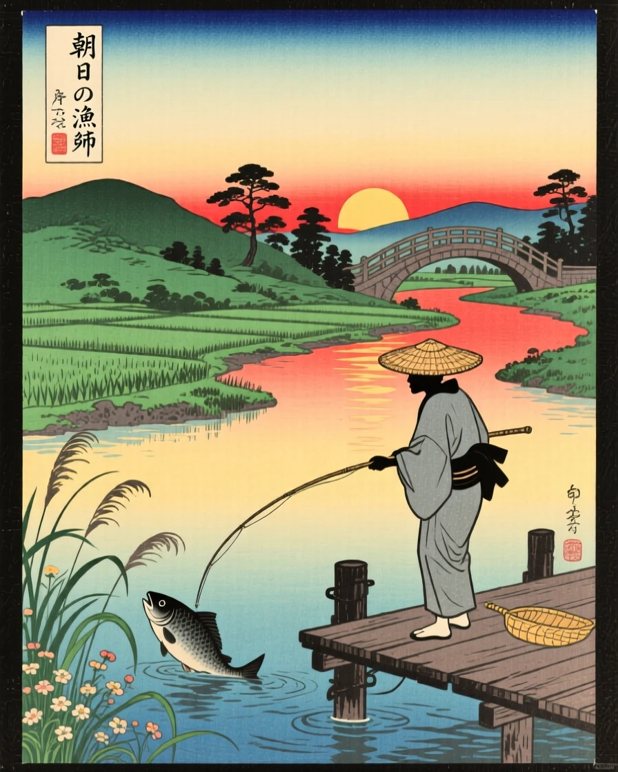 A fisherman silhouetted against a brilliant sunrise, over a lush green landscape.