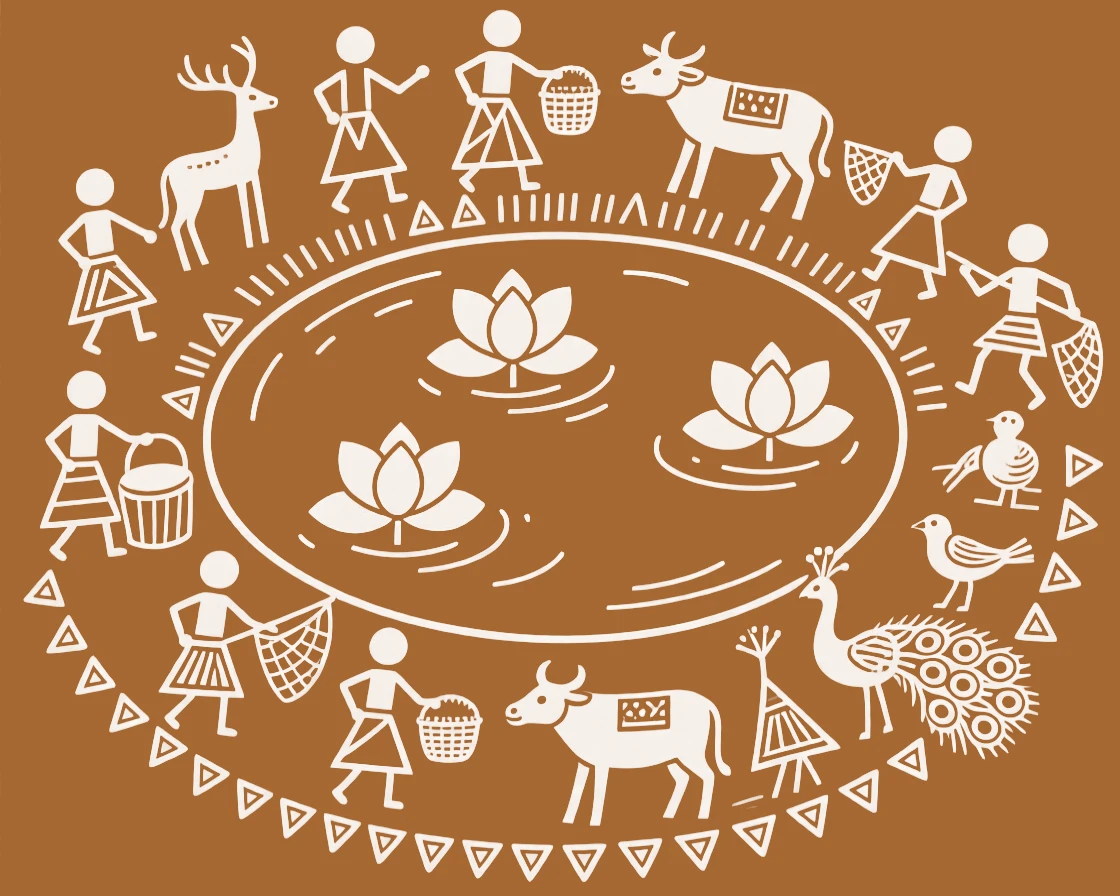 A composition centered on a lotus pond encircled by a procession of animals and villagers.