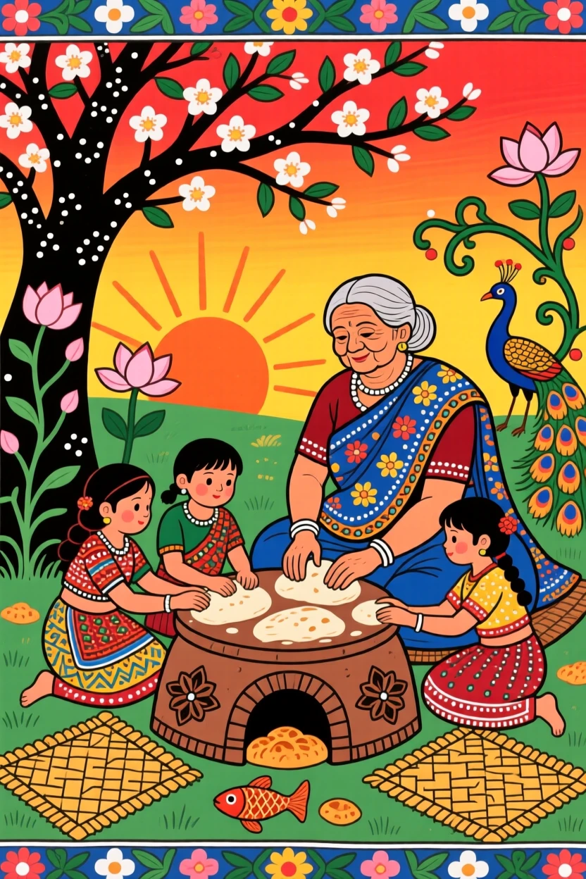 A grandmother teaching her grandchildren to bake bread at dawn.