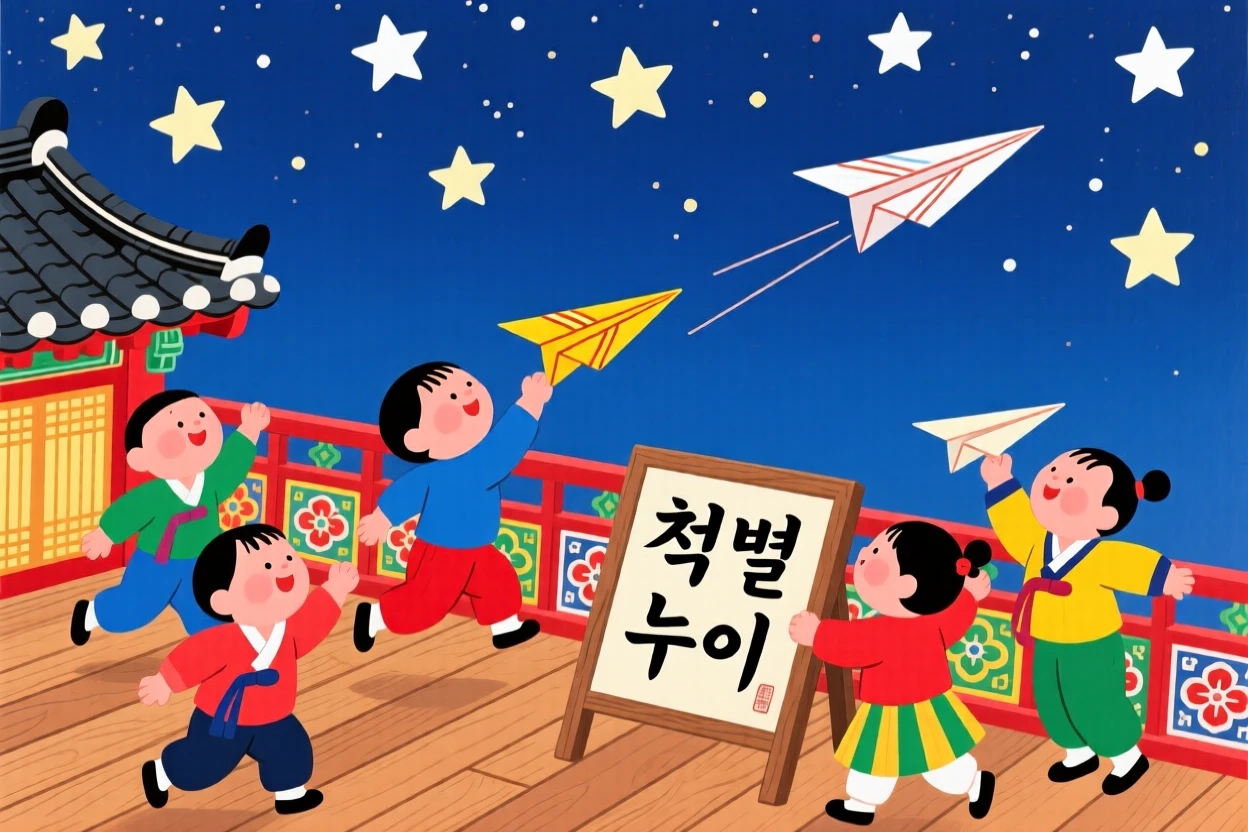 Children flying paper airplanes from a rooftop terrace as the first stars appear overhead.