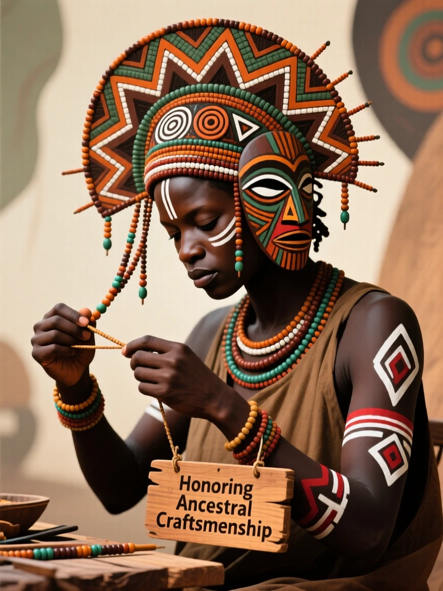 An artisan stringing beads into an elaborate headdress.