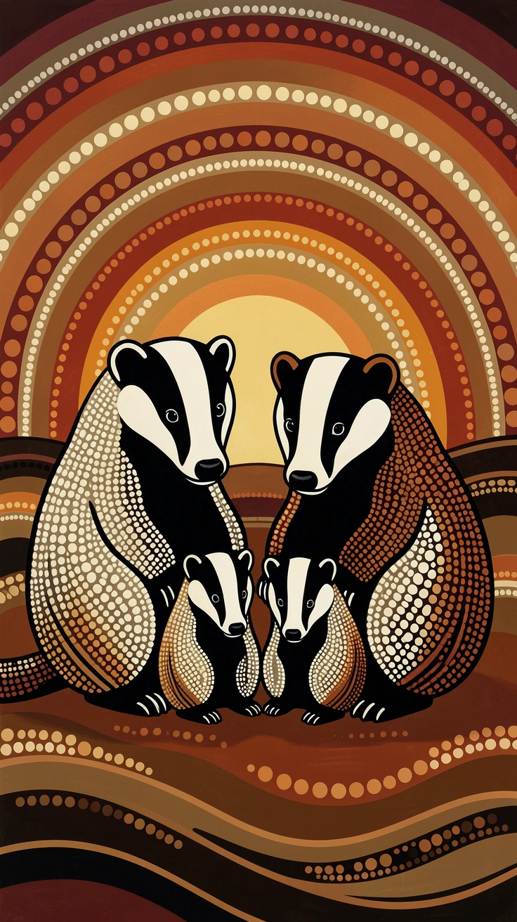A badger family gathered at sunset