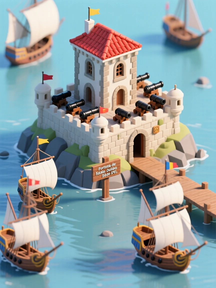 A colonial Portuguese fortress overlooking a harbor, cannons lined along the ramparts, and ships anchored below.