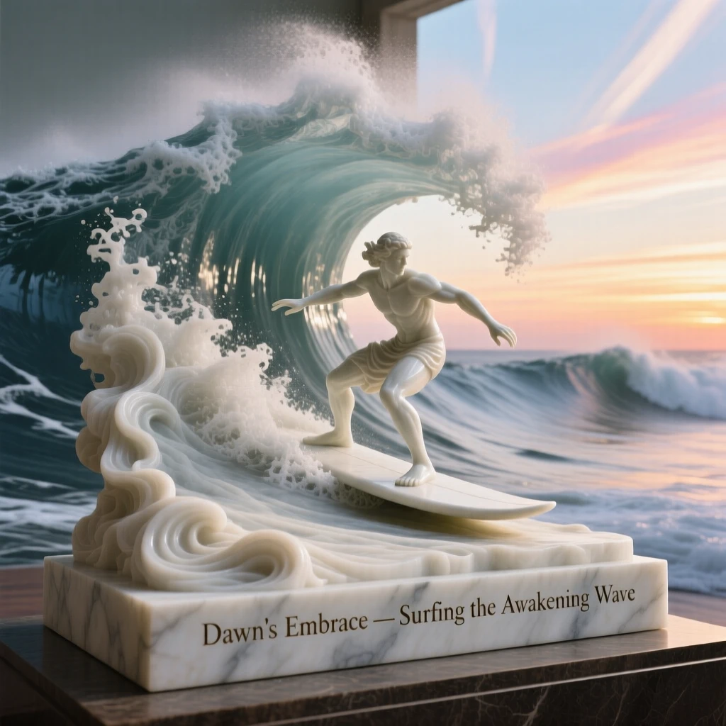 A beautifully composed image of a surfer riding a towering wave at dawn, under a brilliant, colorful sky, full of atmosphere and visual storytelling