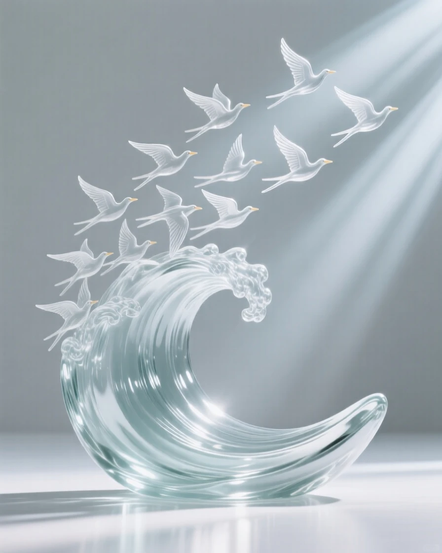 With soft rays of light stretching outward in every direction, a wave transforming gradually into a flock of rising birds