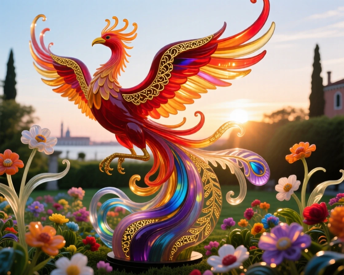 A grand phoenix rising above a blooming garden at the very break of the brightest dawn, transformative and radiant.