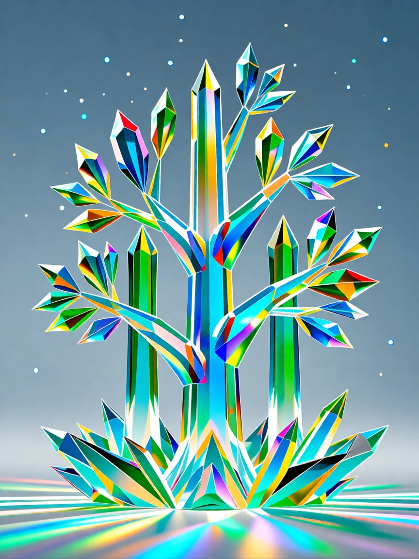 A dreamlike forest of crystal trees glowing softly beneath a starlit sky.