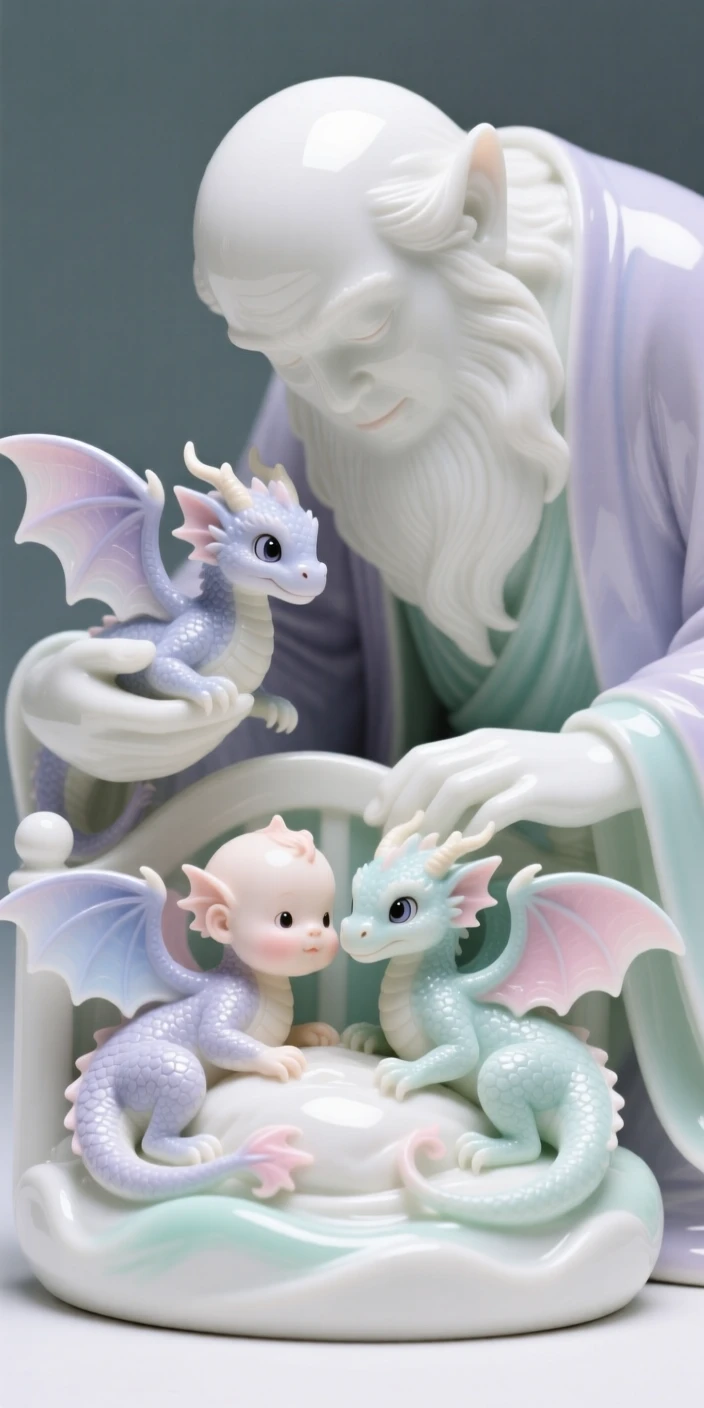 An imaginative vision of a nursery of baby dragons cared for by gentle giants, inviting long, curious exploration.