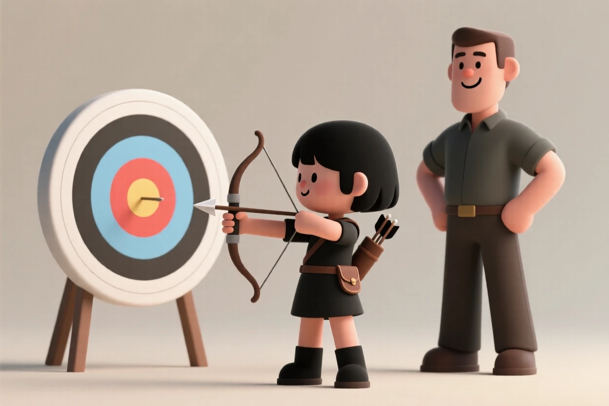 A determined young archer hits a bullseye for the first time, coach beaming proudly beside her.