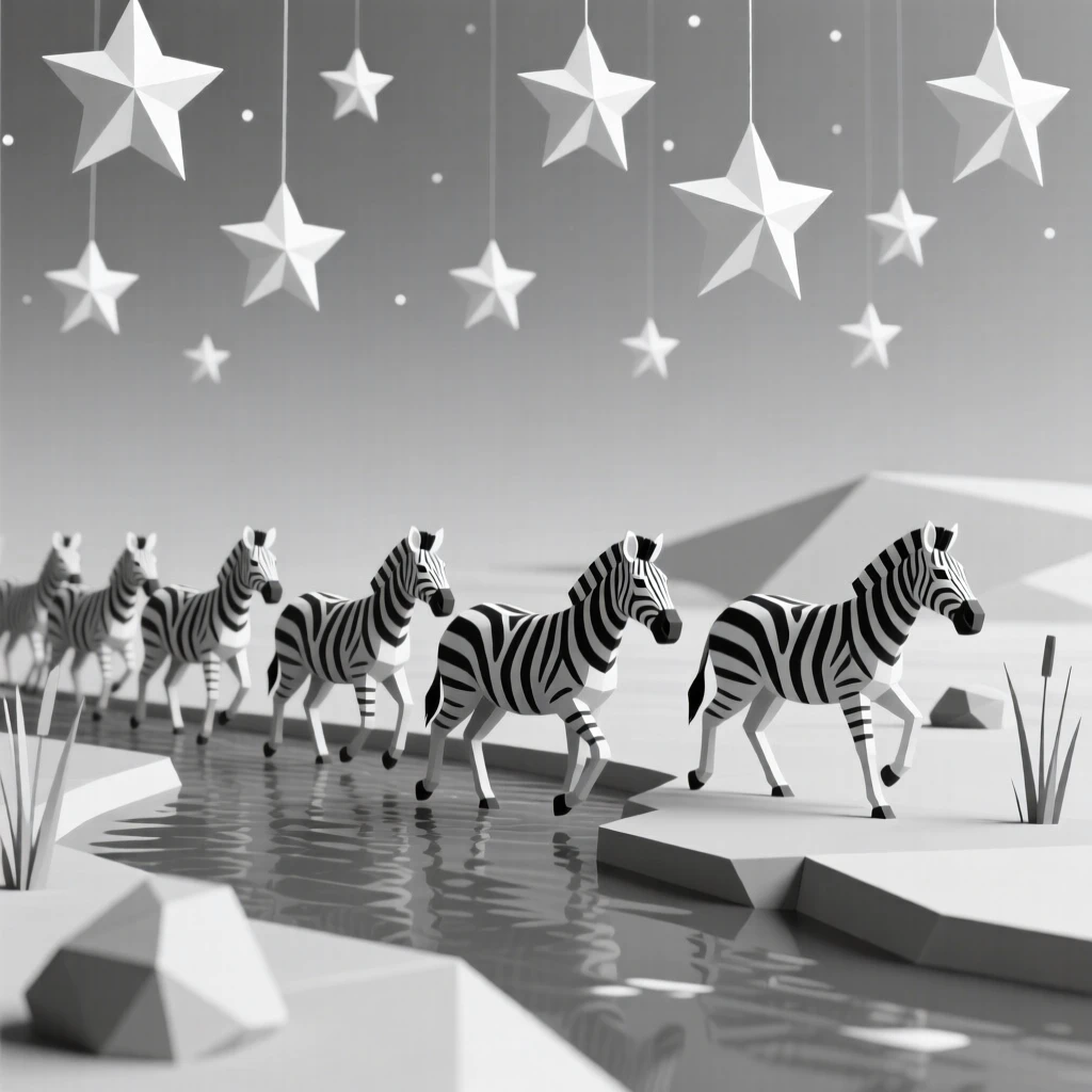 A zebra herd crossing a shallow river, beneath a canopy of stars. the background gently blurs to keep focus on the subject. There is a sense of quiet wonder.