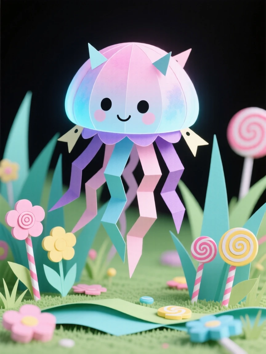 A glowing baby jellyfish exploring a miniature candy-colored meadow, with a comically cross-eyed expression, evoking cozy storybook charm.