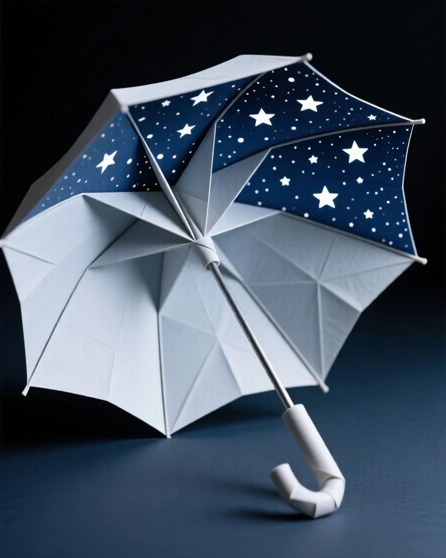 A single umbrella opening to reveal a night sky full of stars instead of fabric.