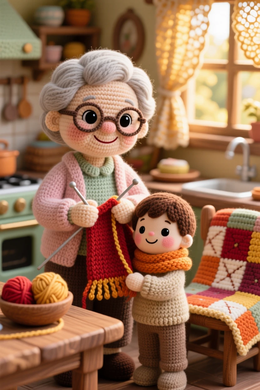 A heartwarming family moment: a grandmother knitting a scarf for her grandchild with soft yarn in warm colors, wrapping the finished scarf around small shoulders within a bustling family kitchen on a weekend morning; a warm quilt draped over a nearby chair nearby, full of deep, unconditional love and togetherness.
