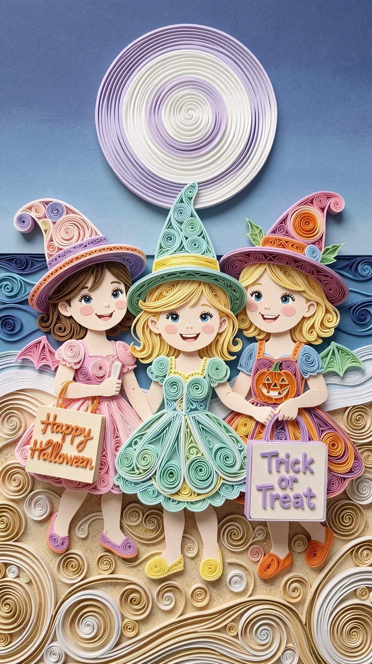 a costume parade of children trick-or-treating at dusk, on a moonlit beach during a warm summer evening, shown from a warm, intimate close-up perspective, in bright cheerful pastel spring colors.