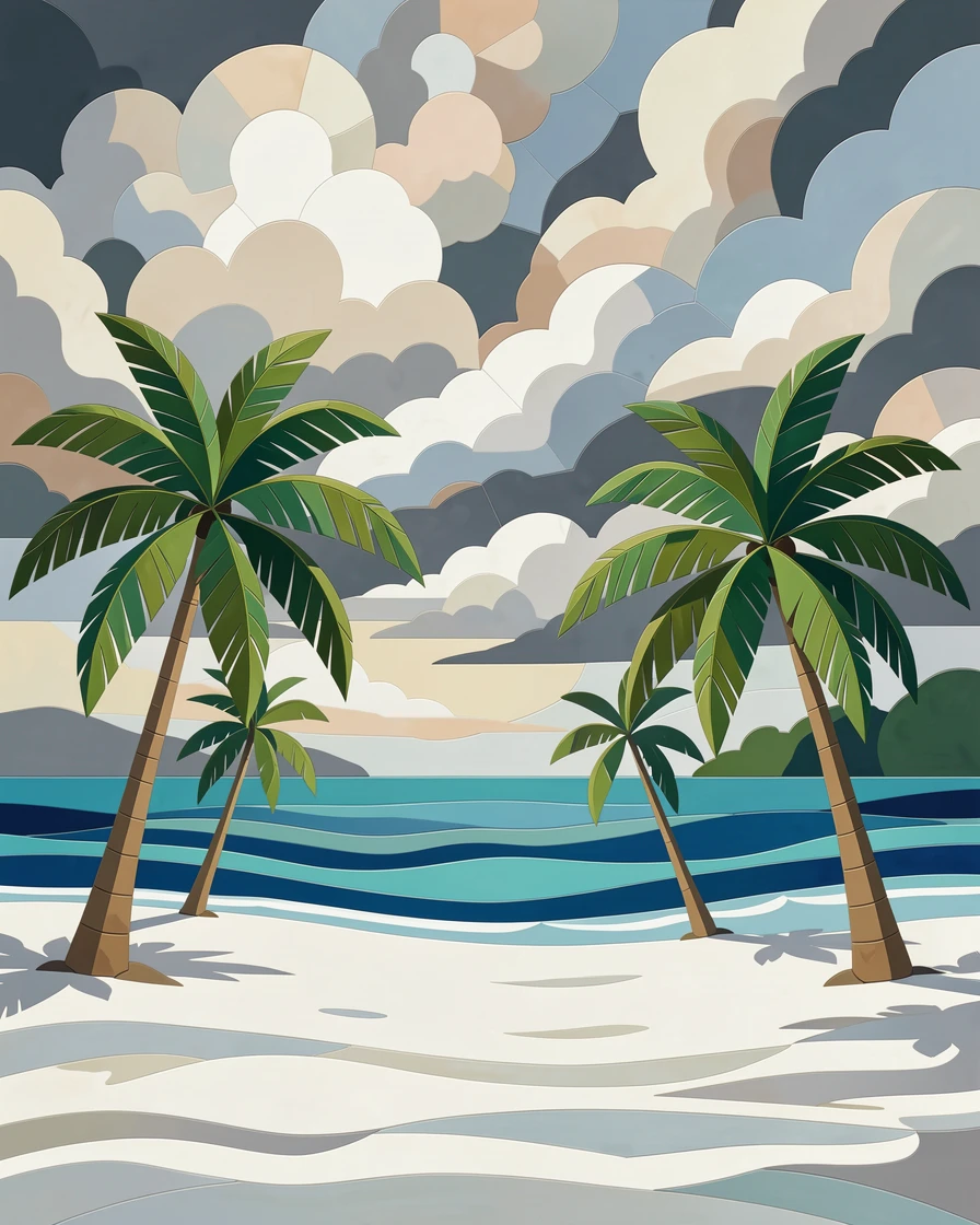 A wide panoramic view of a tropical island beach with white sand and gently swaying palm trees, with dramatic clouds and rich natural color.
