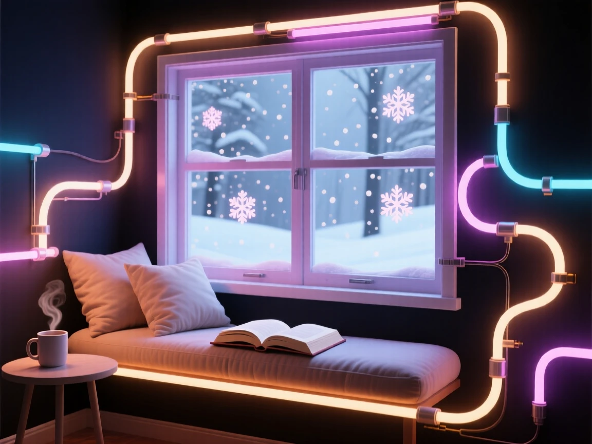 A cozy reading nook with a window seat overlooking falling snow.