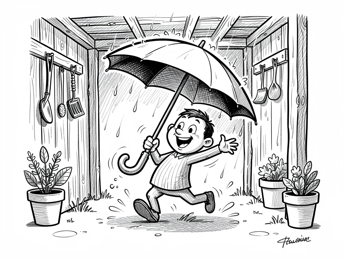 An umbrella dancing in the rain in a garden shed.