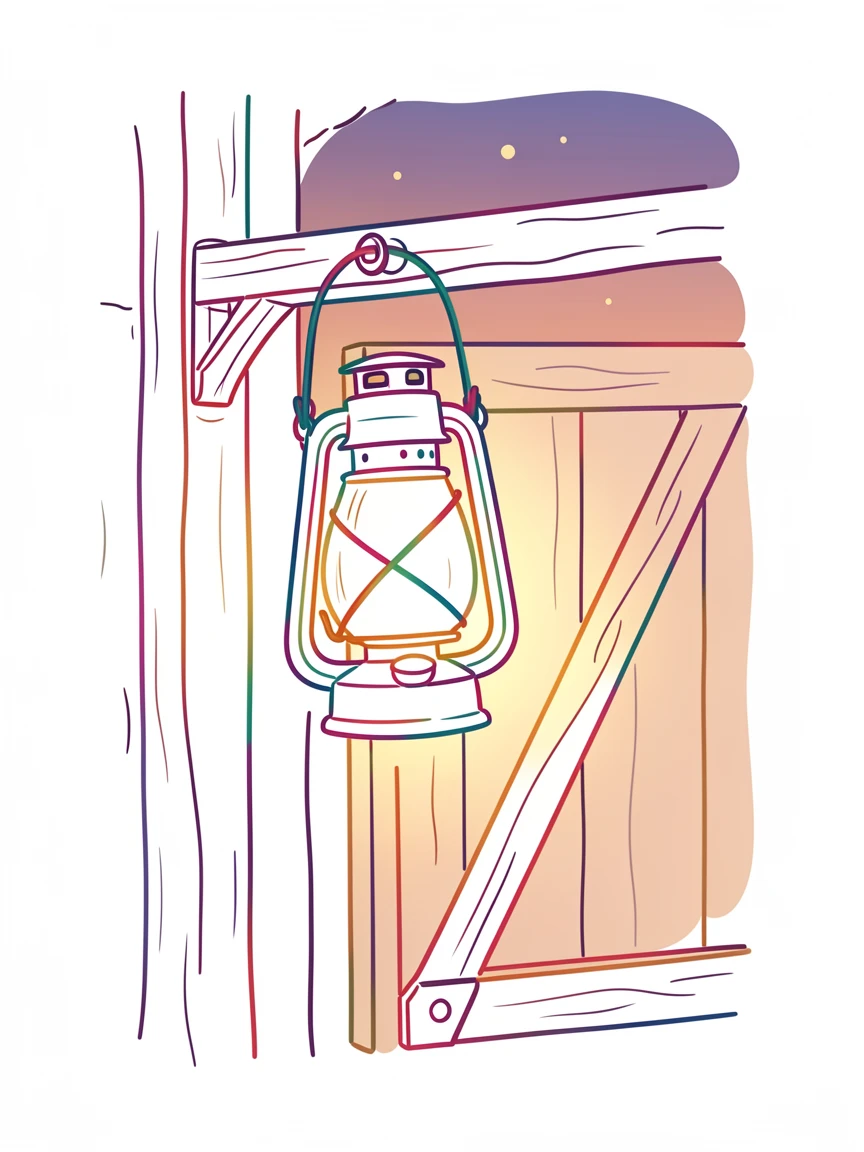 A single vintage lantern hanging from a rustic barn door at dusk.