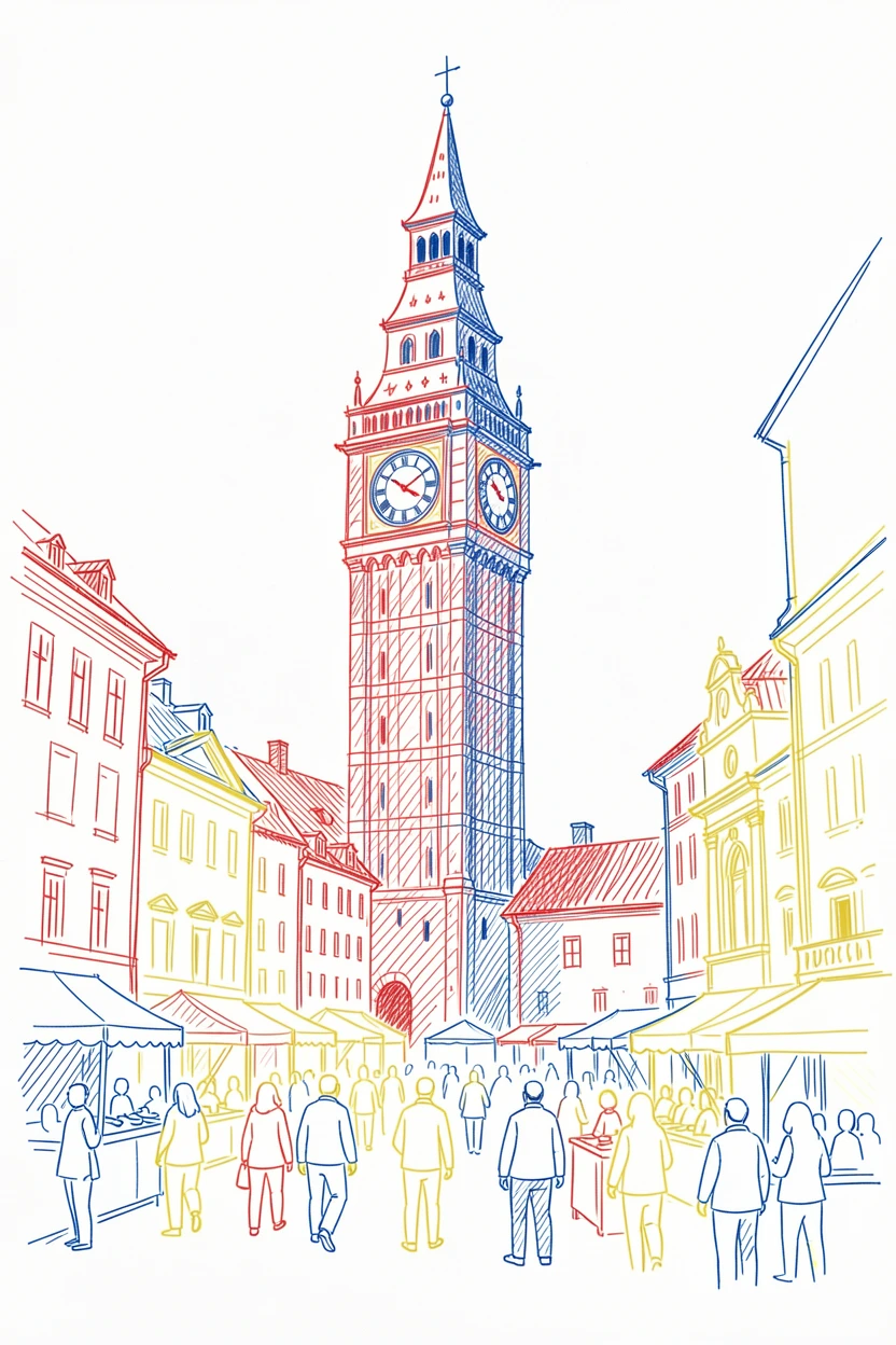 A historic clock tower rising above a bustling city square