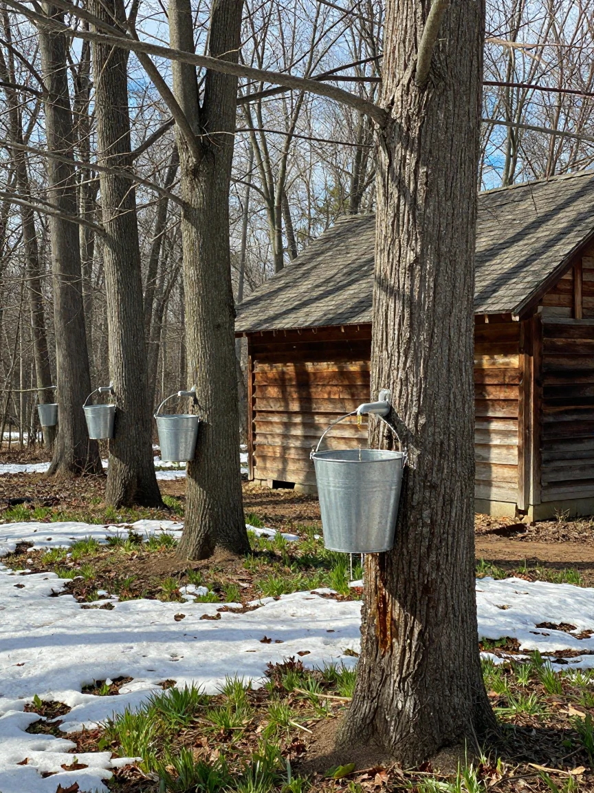 A maple syrup farm with buckets collecting sap