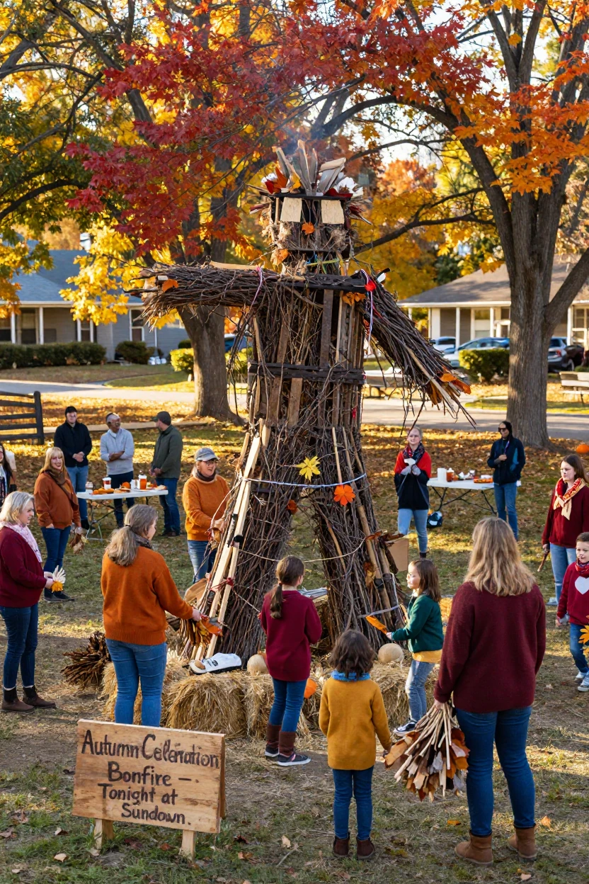 A community builds a giant bonfire effigy ahead of a autumn celebration.