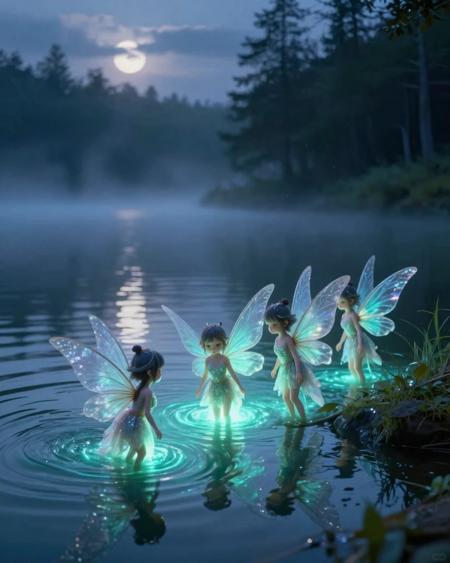 A flock of tiny winged fairies standing along the shores of a glowing lake