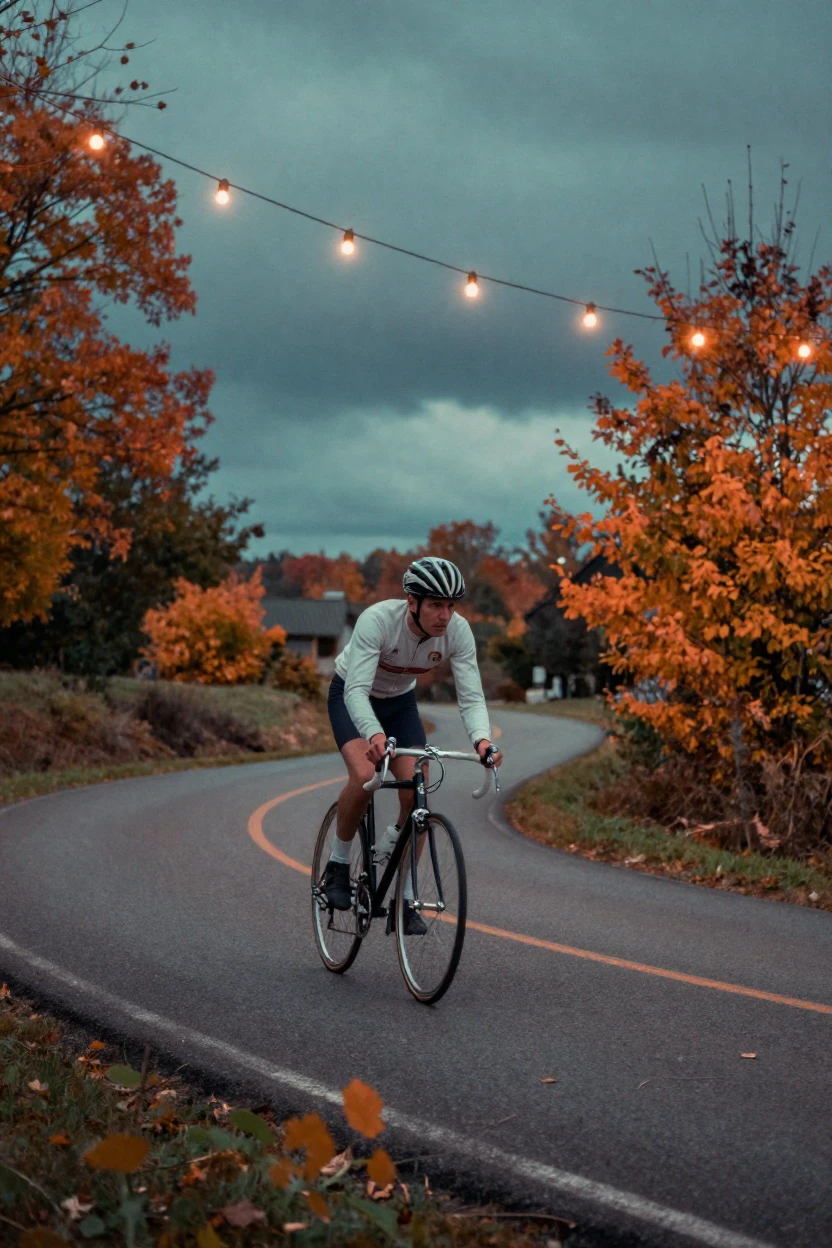 A cyclist racing down a winding countryside road, under strings of warm string lights, under a darkening storm sky, in late autumn, in vivid coral and turquoise hues, peering through foliage in the foreground.