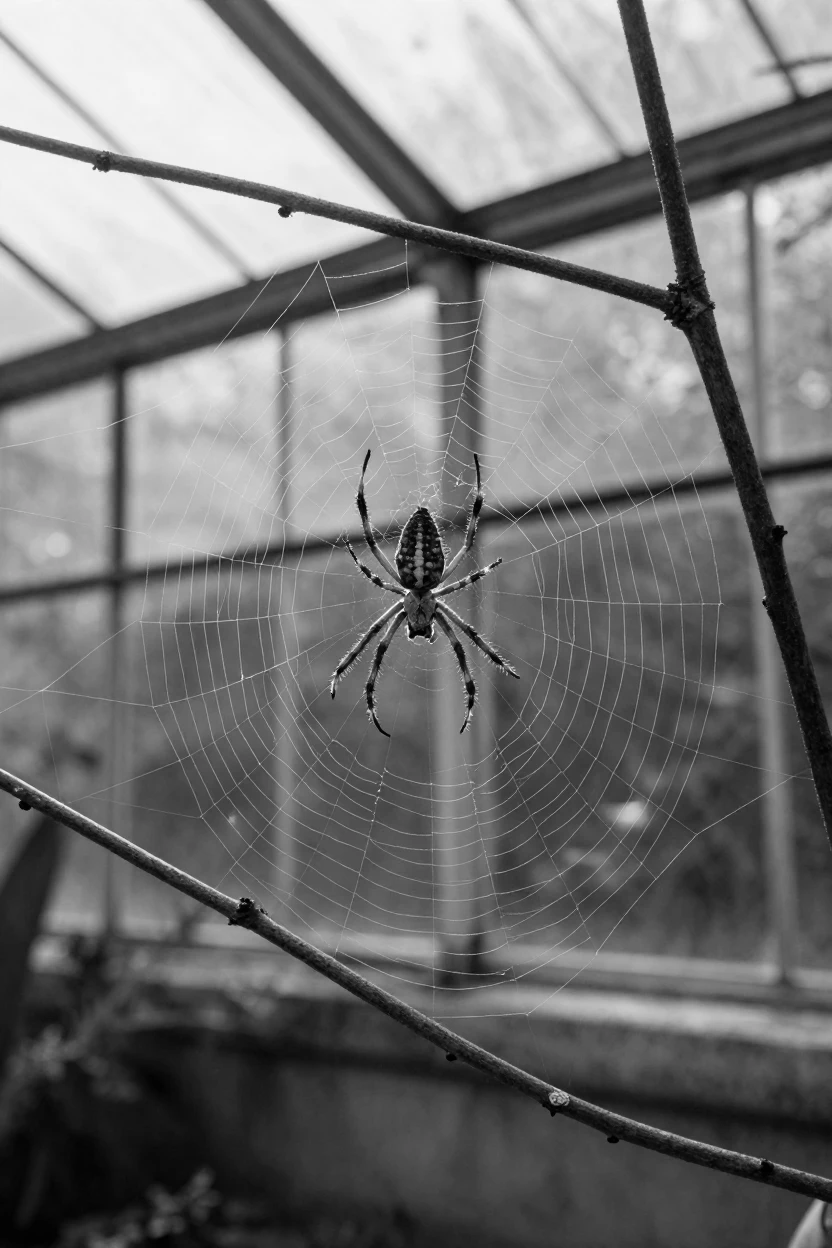 A garden spider spins an intricate web between branches within a sunlit greenhouse.
