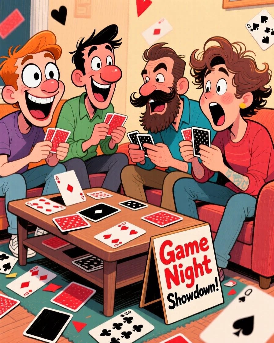 A group of friends having a game night, cards scattered across a coffee table.