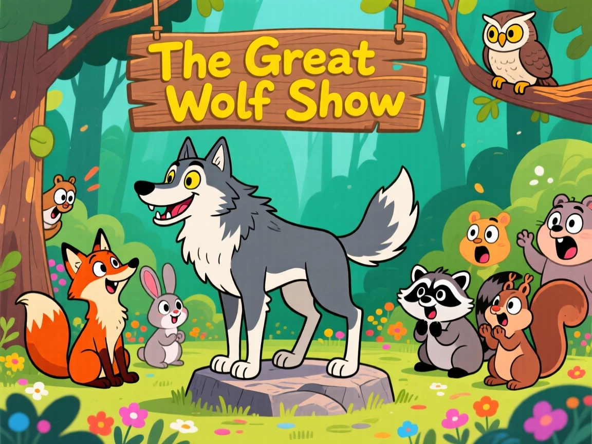 A charming animal moment featuring a majestic wolf showing off in front of an admiring group of onlookers, surrounded by curious onlooking animals.