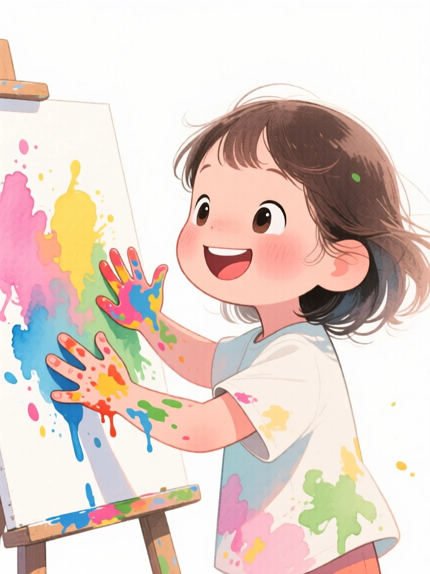A heartwarming scene of a girl painting a colorful picture with her hands