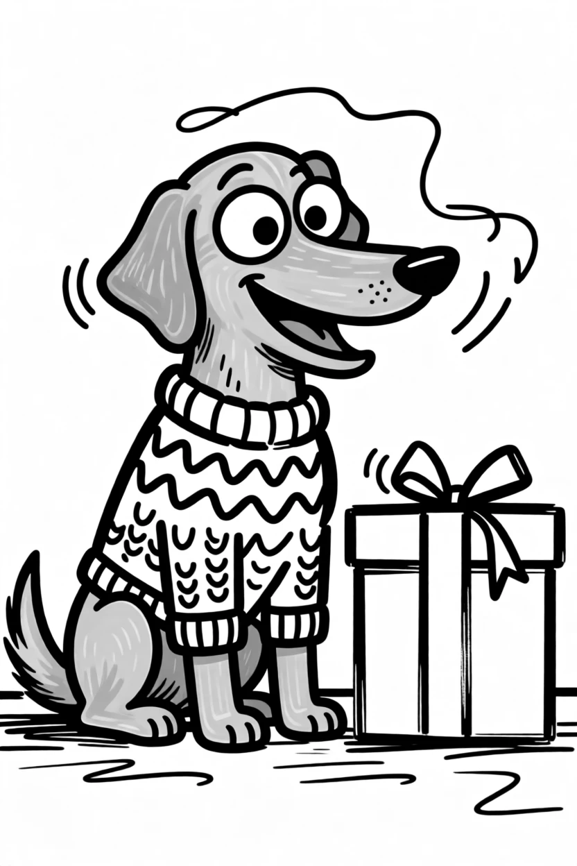 A golden retriever wearing a knitted holiday sweater, sitting beside a wrapped present twice its size.