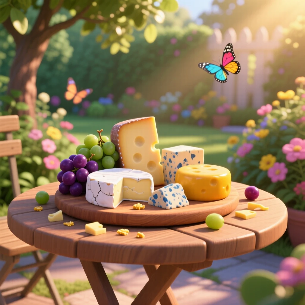 A wooden board of assorted cheeses and grapes sits at a small table overlooking a garden, with a few crumbs scattered artfully around. The mood is festive and appetizing.