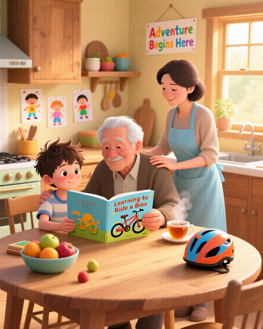 In a warm kitchen table, a boy and his grandfather bond over learning to ride a bike with a patient helper close by, with a gentle hand resting on a shoulder.