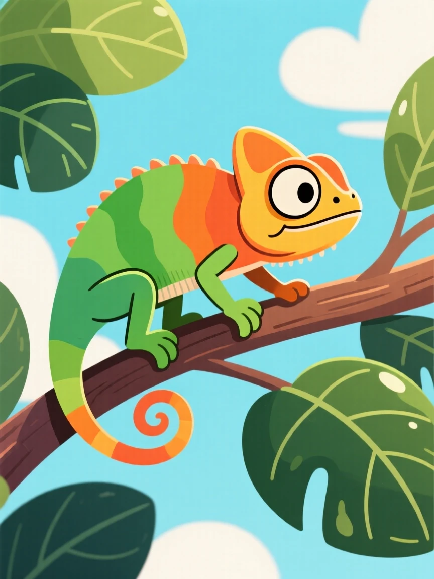 A chameleon changing color as it moves along a leafy branch.