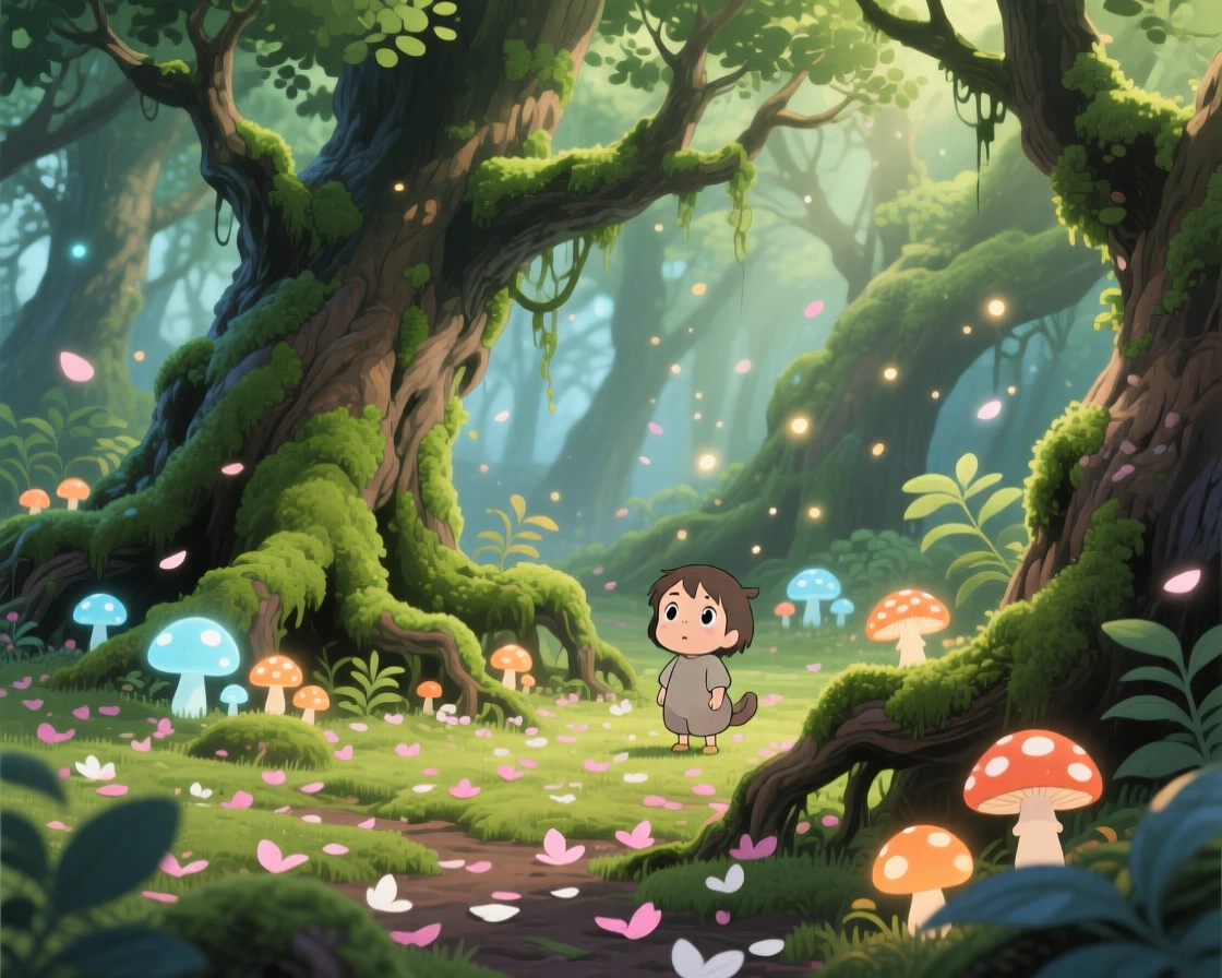 A moss-covered grove filled with softly glowing mushrooms, a carpet of fallen petals covering the ground, creating a scene of quiet natural magic.